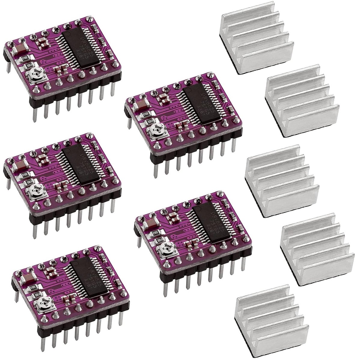 5 stuks DRV8825 stappenmotor drivermodule met koellichaam, geschikt voor 3D-printeronderdelen, 8,2 V ~ 45 V stappenmotor