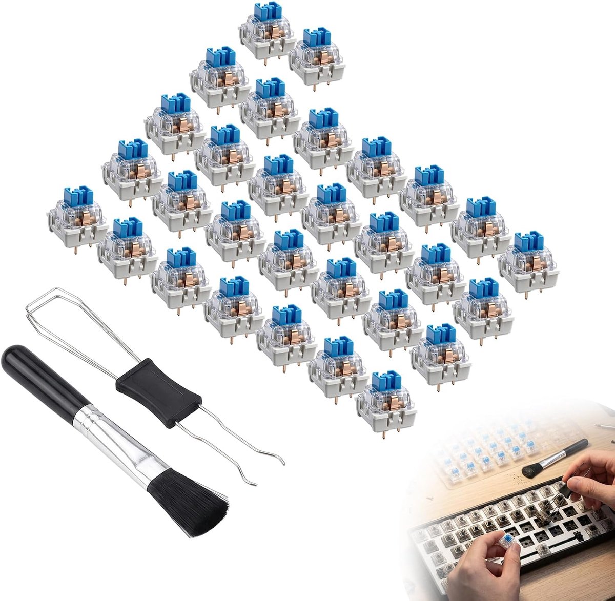 30 stuks mechanische toetsenbordschakelaars, transparante blauwe asschakelaars met trekker, 3-polige toetsenbordschakelaar, toetsenbordschakelaars voor mechanisch toetsenbord, stof- en
