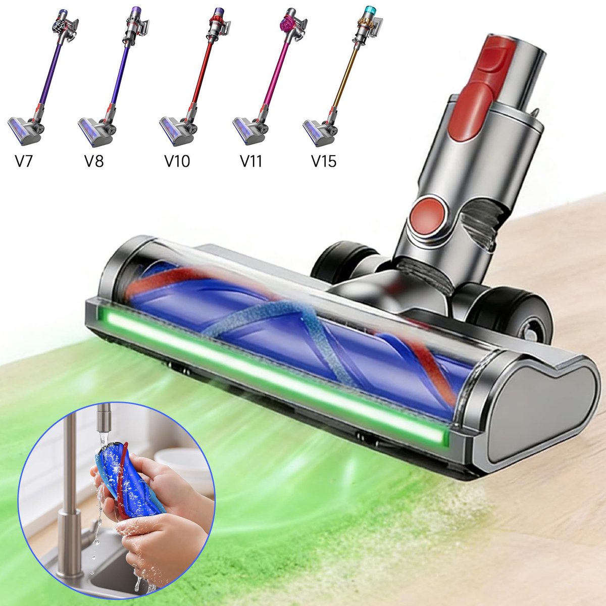 Borstelkop Compatibel Met Dyson - Vervangende Motorkop - Stofzuigerborstelkop Met Led-Verlichting - Geschikt Voor Dyson V7/V8/V10/V11/V15