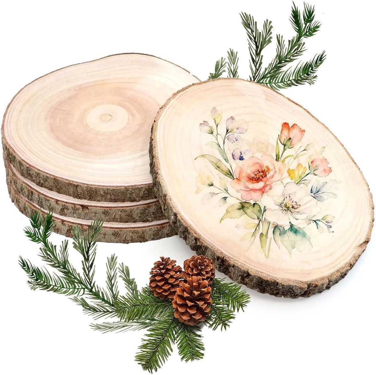 4 stuks houten log schijven, ronde boomschijven, ronde boomschijven zonder gat, houten schijven, grote houten schijven, 20–23 cm, diameter, dikte 1,5–2 cm, voor tafelopzetstukken