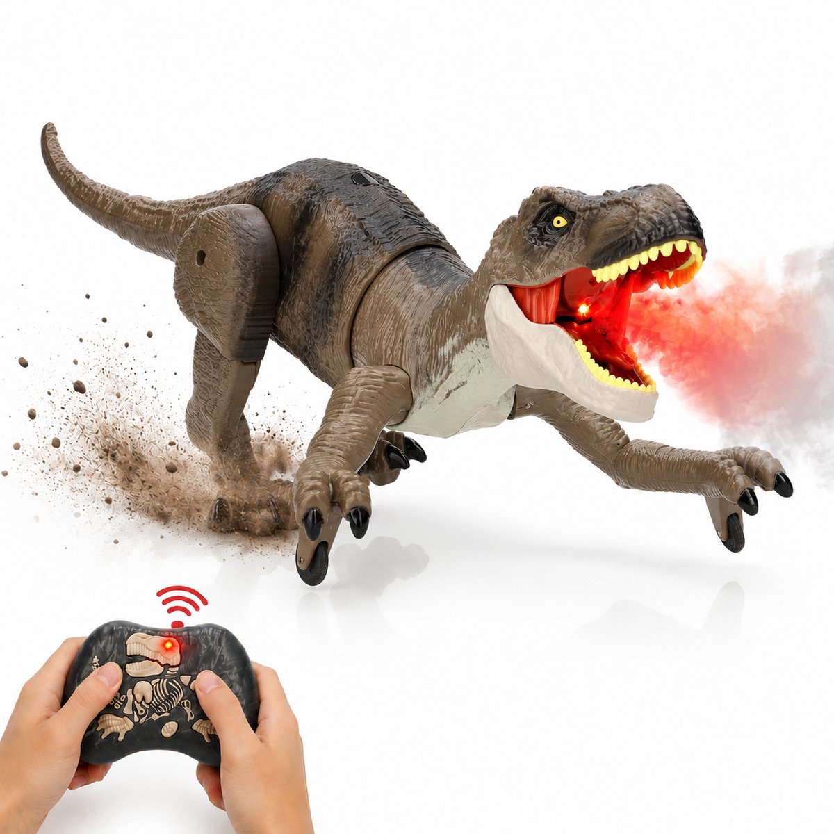 Silvergear® Bestuurbare Dino T-Rex - RC Auto Dino met Afstandsbediening - Interactief Dinosaurus Speelgoed met Rookeffect, Licht & Geluid - Demo-modus - Oplaadbaar - Tyrannosaurus Rex Speelgoed - Bruin - Cadeau voor Jongens 6, 7, 8, 9, 10+ Jaar