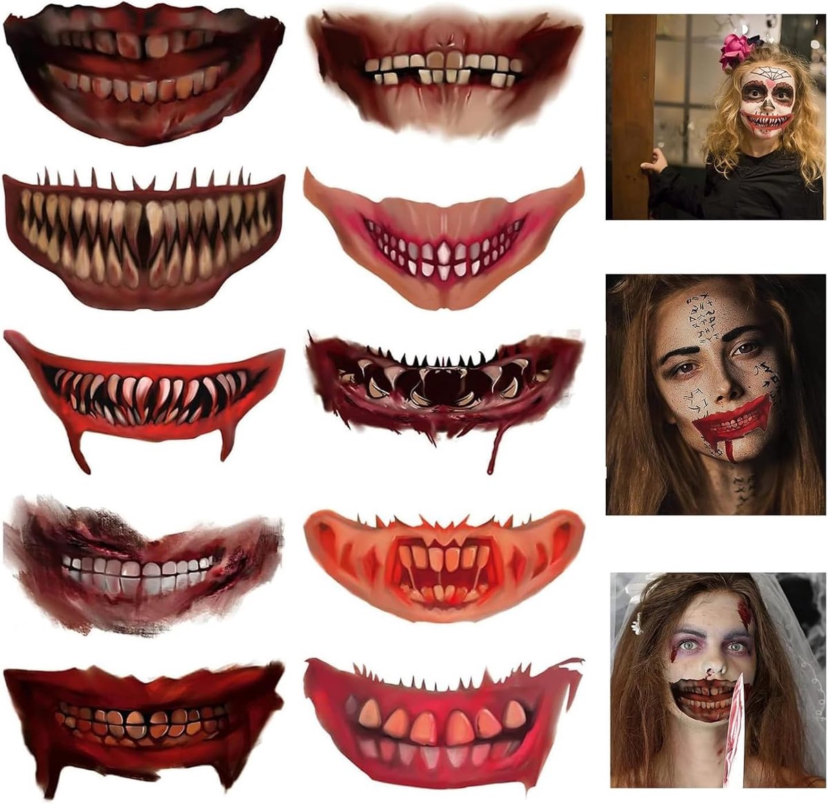 10 vellen Halloween mond tatoeages, waterdichte Halloween clown horror mond bar tattoo stickers zombiescar tatoeages kostuum make-up rekwisieten cosplay decoratie, gekleurd