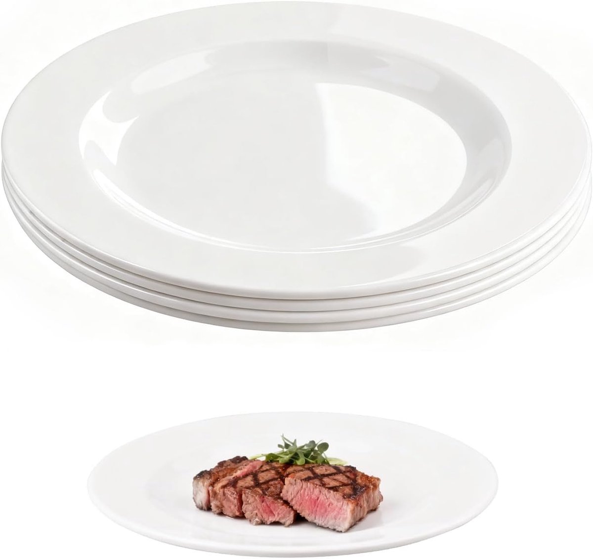 Bordenset voor 4 personen, 25 cm, eetborden, wit, porseleinen melamine kunststof, stabiel servies, borden, platte ontbijtborden, vaatwasmachinebestendig