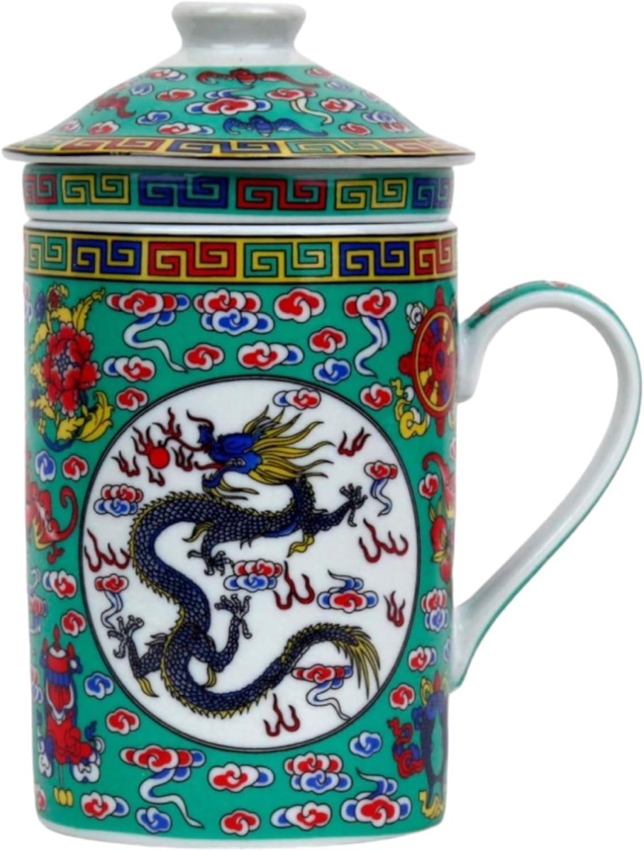 Patroon Losse Thee Deksel Filter Keramische Thee Mok (Groene Draak, 494) Chinese Japanse Mok Voor Theeliefhebbers Porselein Koffie Gift Set