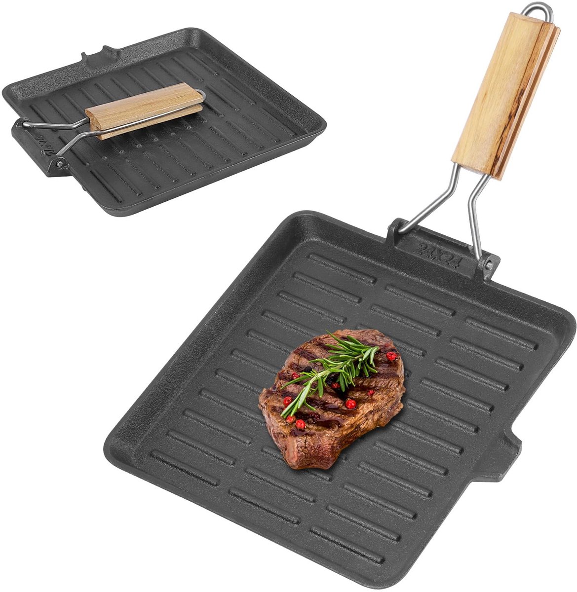 Omgoods - Steakpan van gietijzer met opvouwbare houten handgreep, 24 x 24 cm