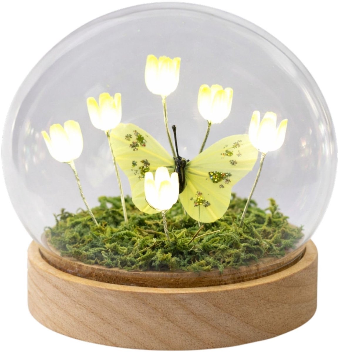 Omgoods - Decoratieve LED-Bol met Bloemen en Vlinder - Geel Glazen Sfeerlicht met Timer