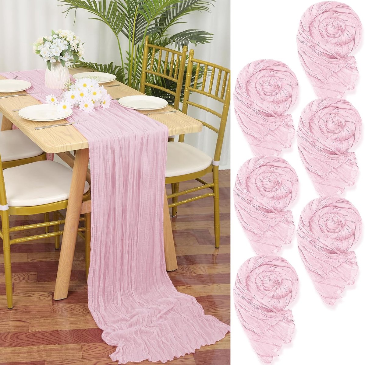 6 stuks kaasdoek-tafelloper, roze, 55 x 300 cm, lichtroze, rustieke gaasstof, boho-tafelloper, kaasdoek, Cheesecloth, tafelloper, bruiloft, tafelkleed voor bruiloftsfeest, bruidsfeest, tafeldecoratie