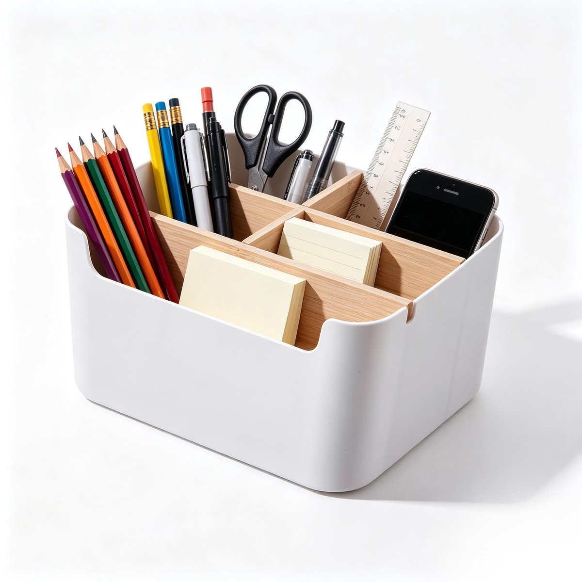 Omgoods - Bureau-organizer met 5 vakken van bamboe en pennenhouder in wit