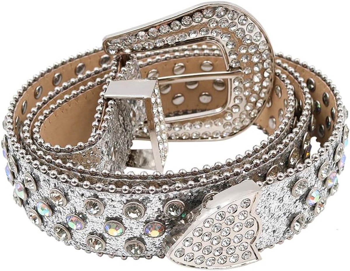 Dames strass riem mode jeans riem glitter diamanten stud lederen riemen voor western cowgirl, Grijs, Eén maat