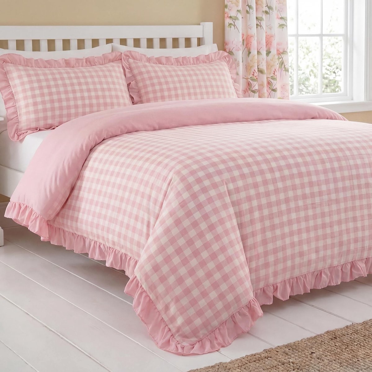 Omgoods - Geruit Dekbedovertrekset met Ruffles en Ritssluiting