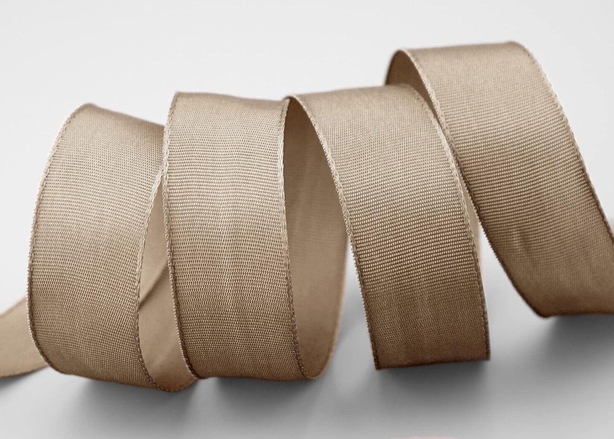 25 m x 25 mm draadrandband, Leo Taupe Toffee (115), decoratief lint met draadranden, eenkleurig, cadeaulint, stoffen lint, strikband, visco-draad van hernieuwbare grondstoffen, biologisch afbreekbaar
