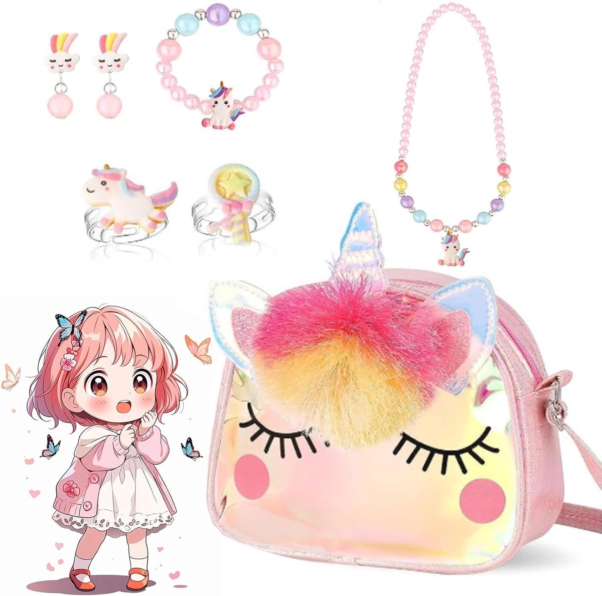 sieradenset voor meisjes, eenhoorn, ketting, armband, ring, sieraden, geschenken voor meisjes, TPU-opbergtas
