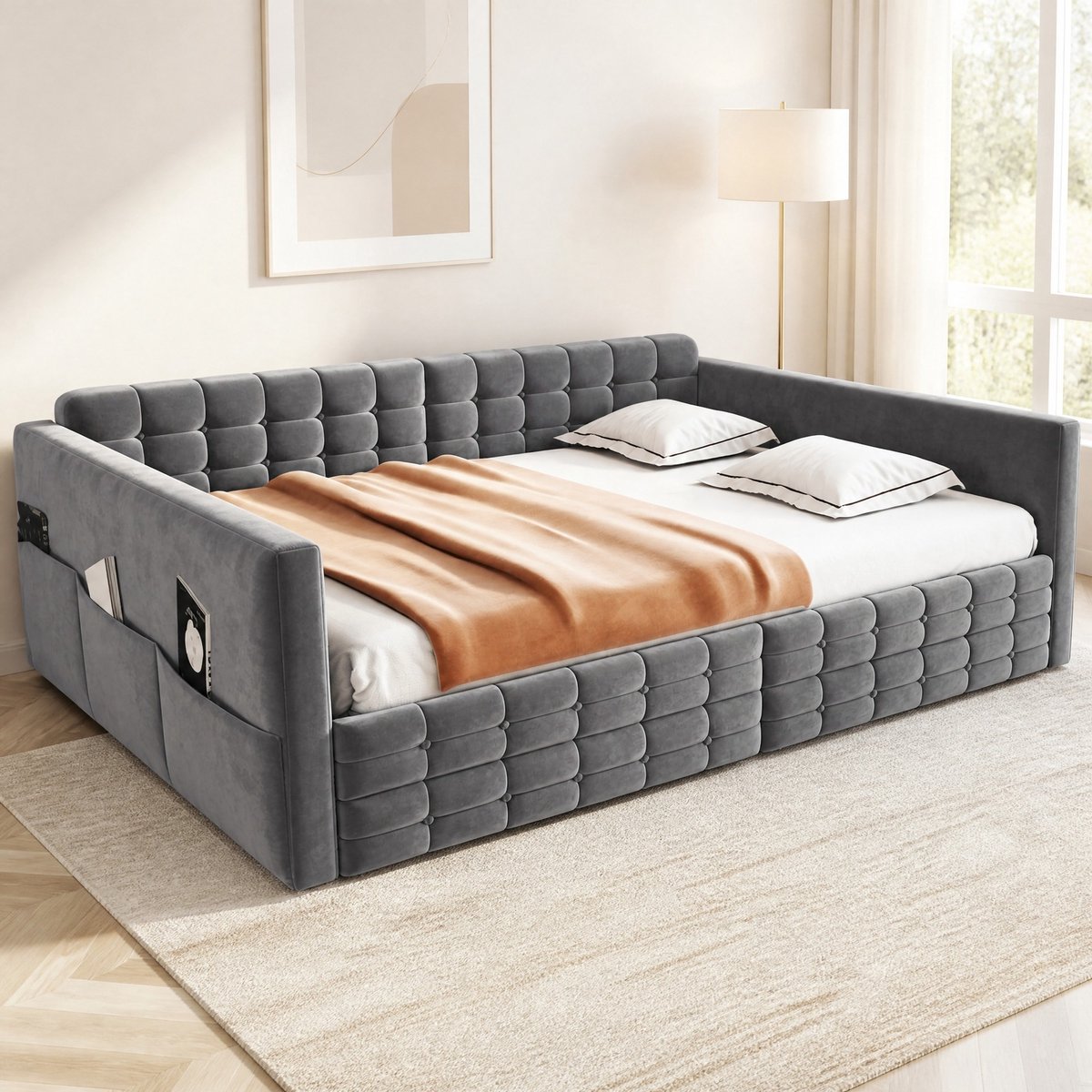 MIVRAY Slaapbank 140x190 cm Gestoffeerd Met Matras Zonder Matras Grijs Met Opbergruimte En Bedladen Voor Slaapkamer