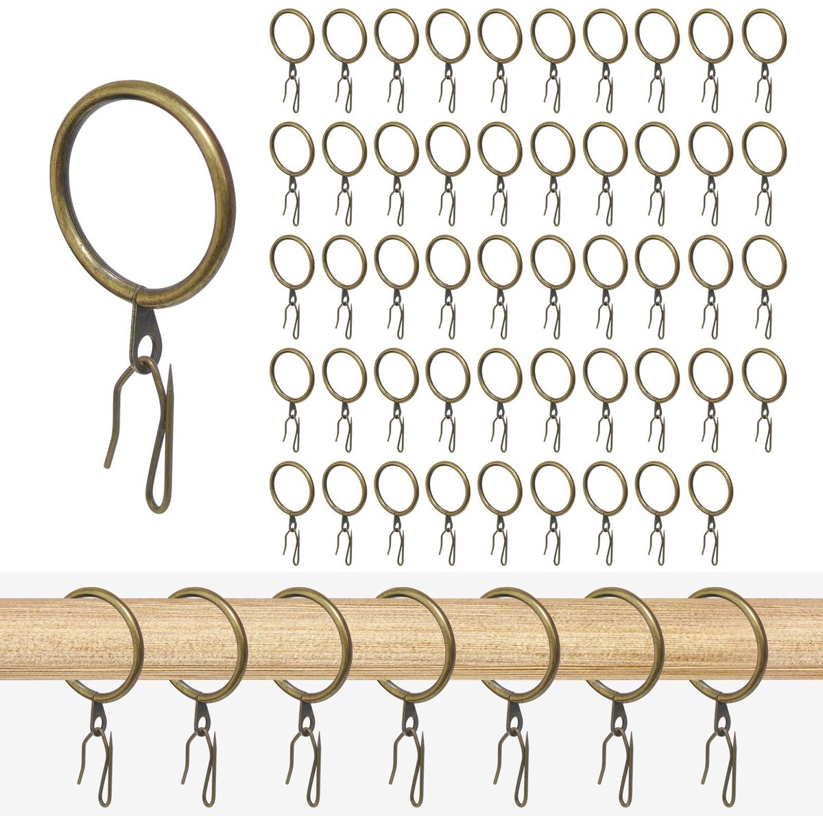 Omgoods - Set van 50 Gordijnringen met Haken - Antiek Brons 3 cm