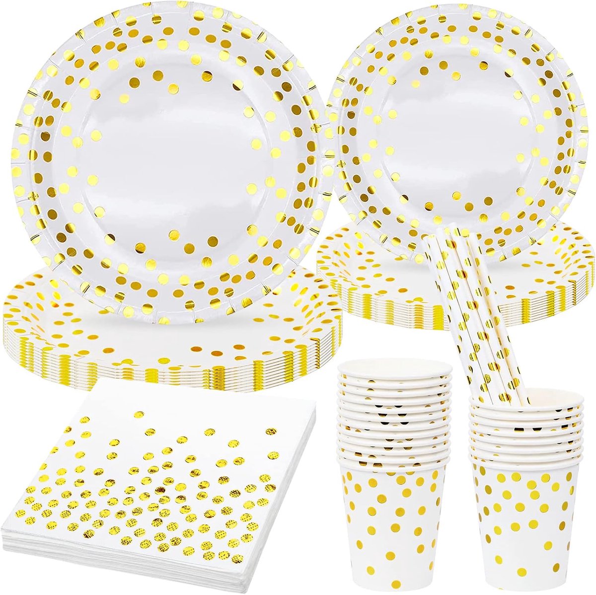 Feestservies, 80 stuks witgouden feestservies, feestbenodigdheden goudfolie stippen borden kopjes rietjes servetten, papieren servies set voor verjaardag bruiloft verjaardag decoraties - 20