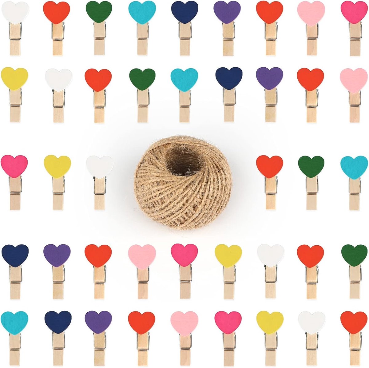 100 stuks mini houten hartknijpers - 3,5 cm en 30 m jute koord voor kunst en ambachten, bruiloften en evenementen