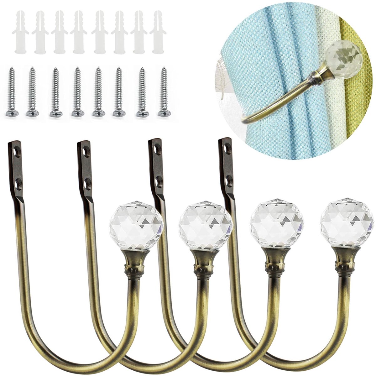 Omgoods - 4 Stuks U-Vormige Kristallen Gordijnhouders - Metalen Wandhaken voor Thuis