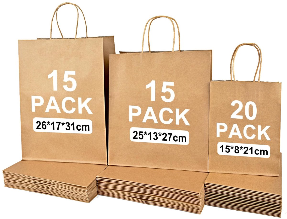 Omgoods - 50 Stuks Kraft Papieren Draagtassen met Handvat - Verschillende Maten