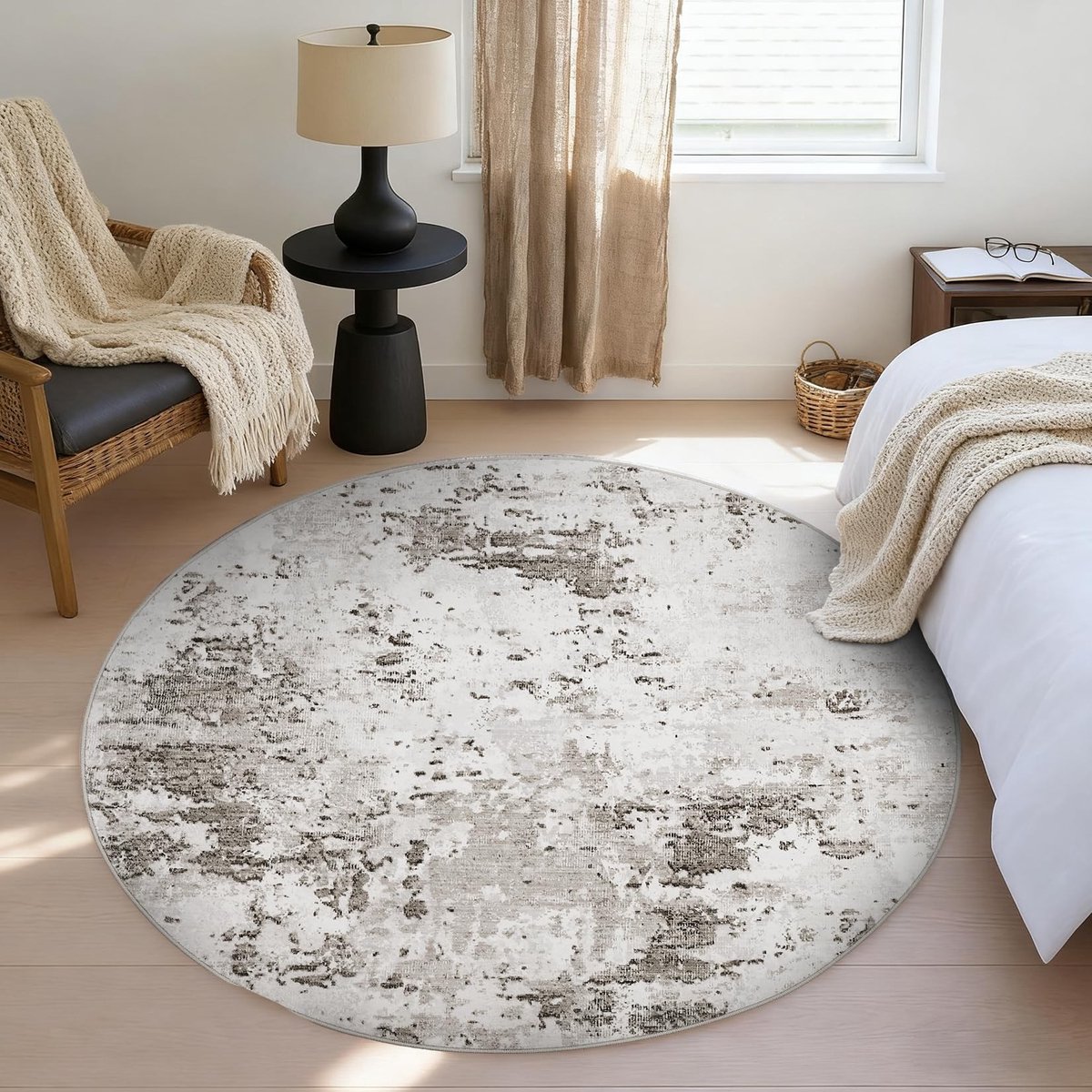 Omgoods - Modern Beige Rond Tapijt 120 cm - Wasbaar en Antislip voor Woonkamer en Kantoor