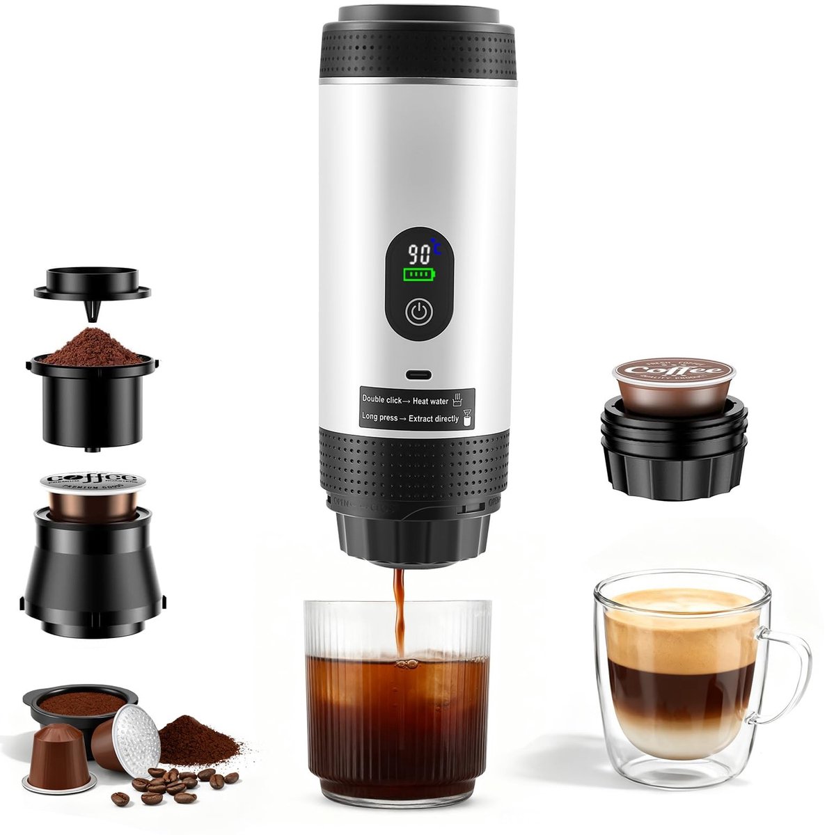 Omgoods - Draagbare koffiezetter - 3-in-1 elektrische koffiezetter voor capsules en gemalen koffie