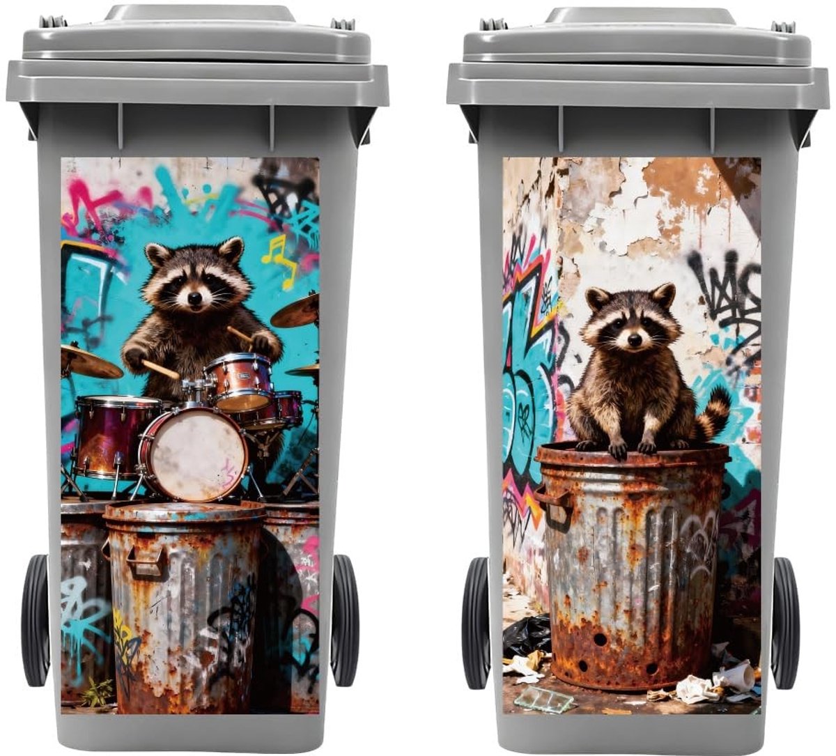 Omgoods - Set van 2 Buitenafvalbak Stickers - Raccoon Ontwerp, 38x82cm