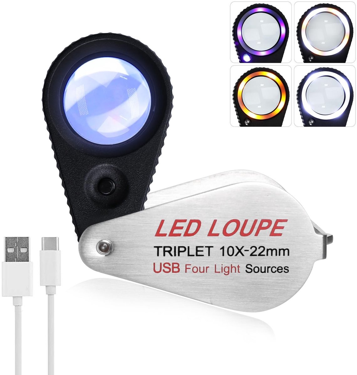 Omgoods - Oplaadbare 10X LED Loep Vergrootglas met 4 Lichtmodi