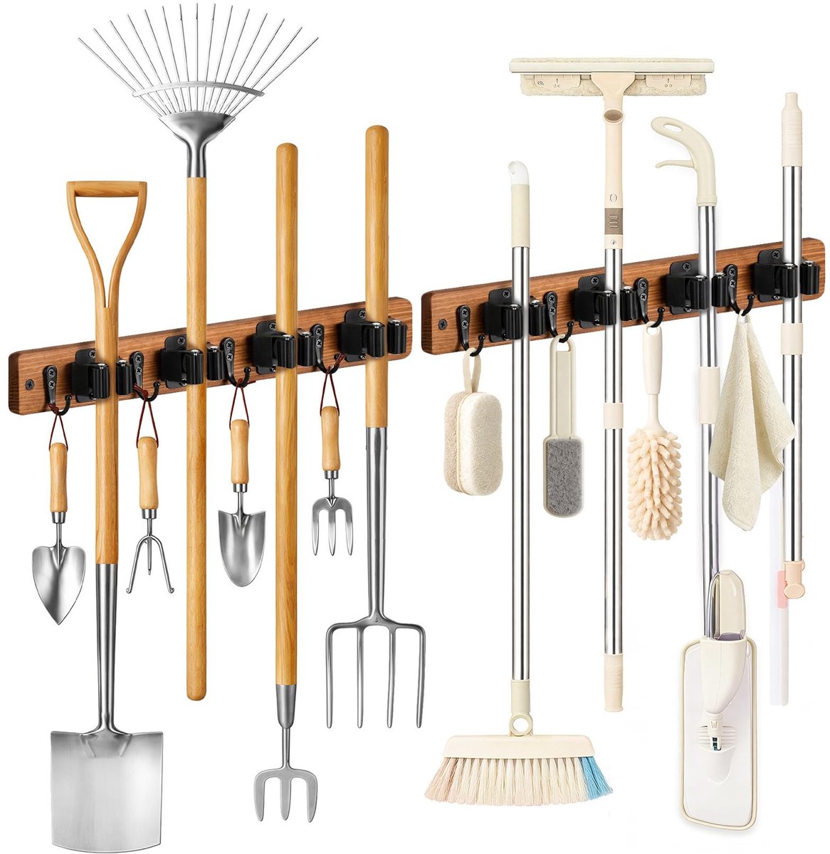 Omgoods - 2-delige Bezemhouder Set - Houten Organizer met 4 Sleuven en Haken
