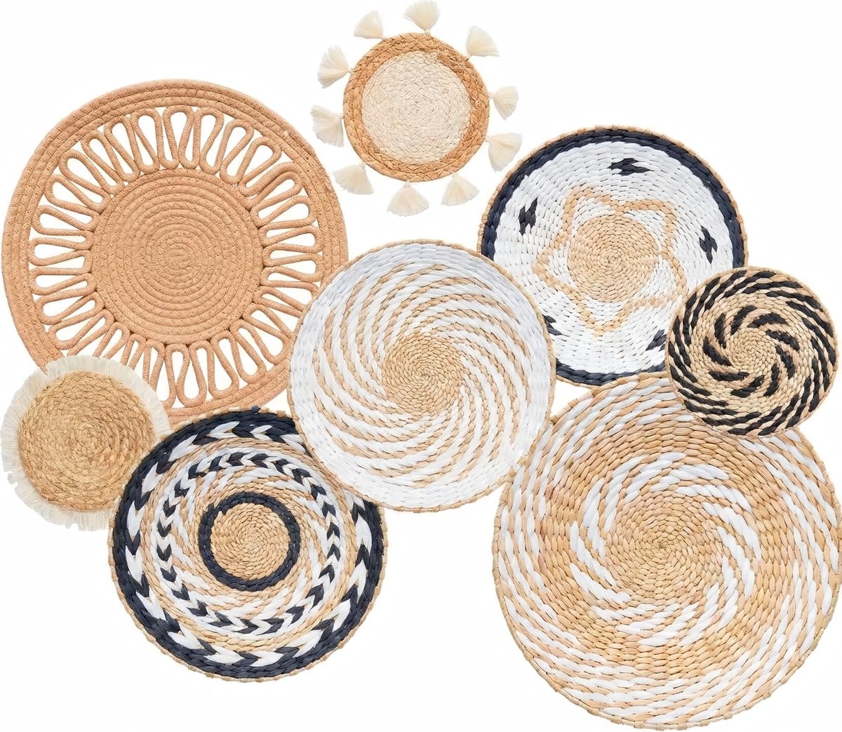 Omgoods - Boho Wanddecoratieset - 8 Stuks Geweven Wandmanden voor Woonkamer en Slaapkamer