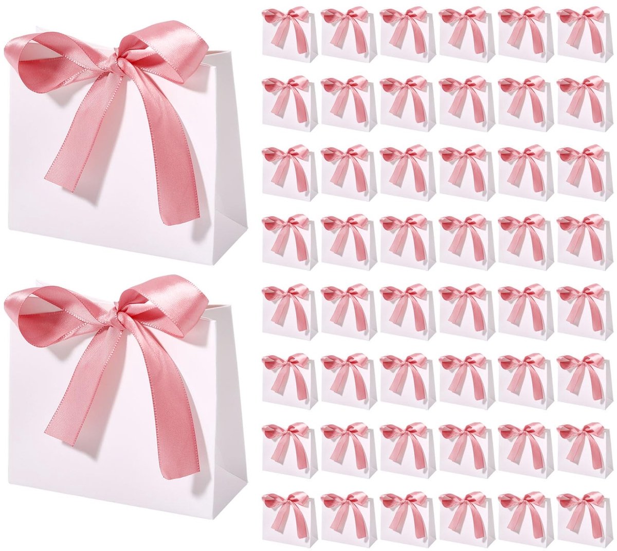 Omgoods - 50 Mini Cadeautassen Wit met Roze Strik - 11.5 x 10 x 4.5 cm Voor Feesten en Verjaardagen