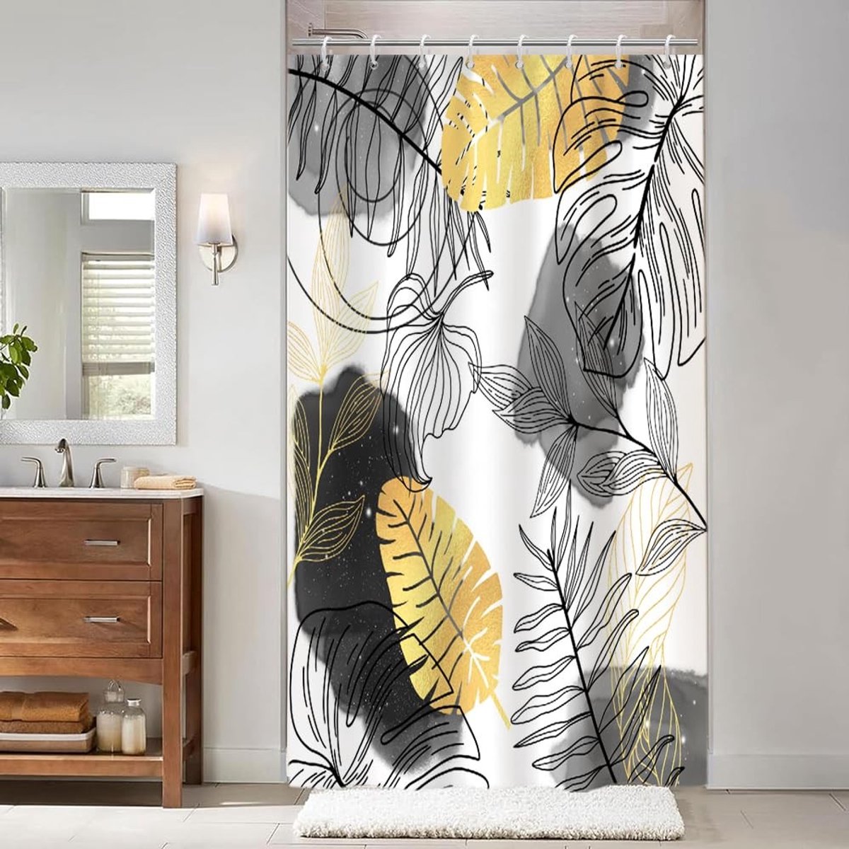 Omgoods - Douchegordijn 120 x 200 cm met Zwart-Gouden Palmbladeren