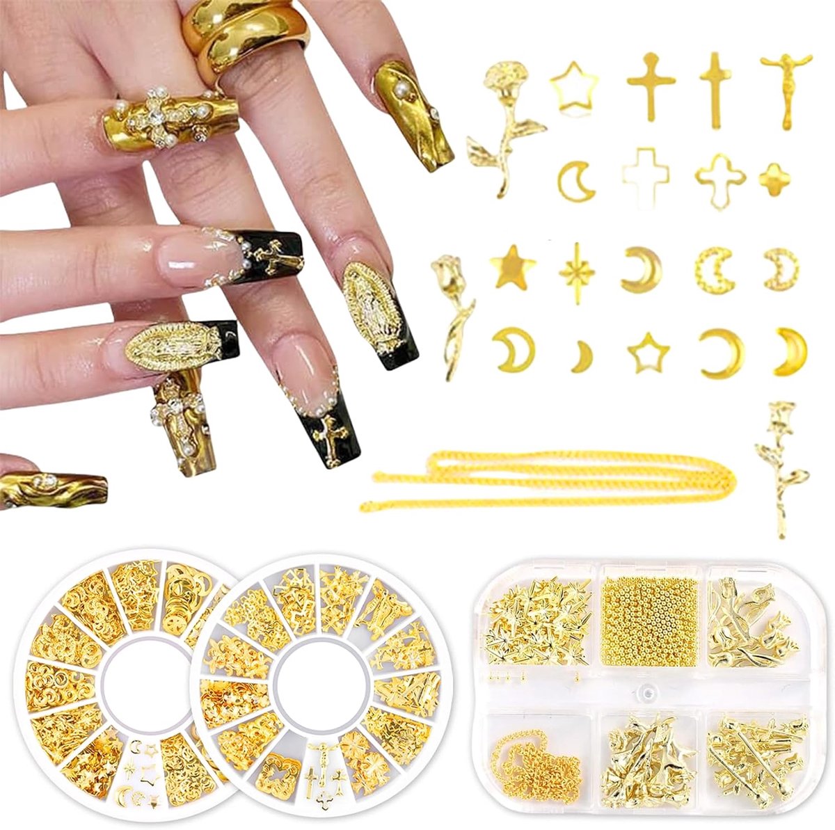 Y2K 3D-chromen nagelbedelset met gouden kruis, ster, roos en maan, 3D-chroomnageldecoraties, oorstekers, nagelkunstaccessoires voor nagels, decoratie, knutselen, doe-het-zelf