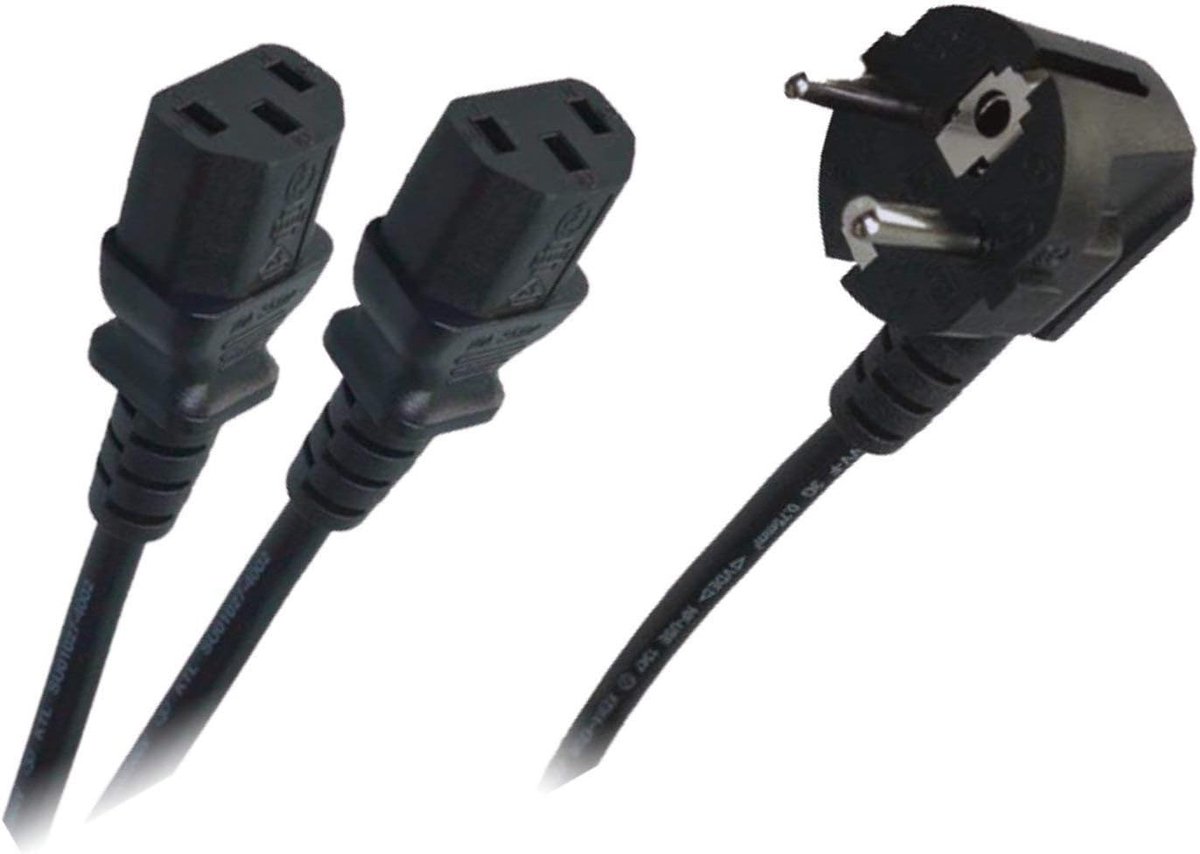 netsnoer 1x Schuko gehoekt op 2X bus C13/IEC13 1,5 m, koudeapparaatkabel