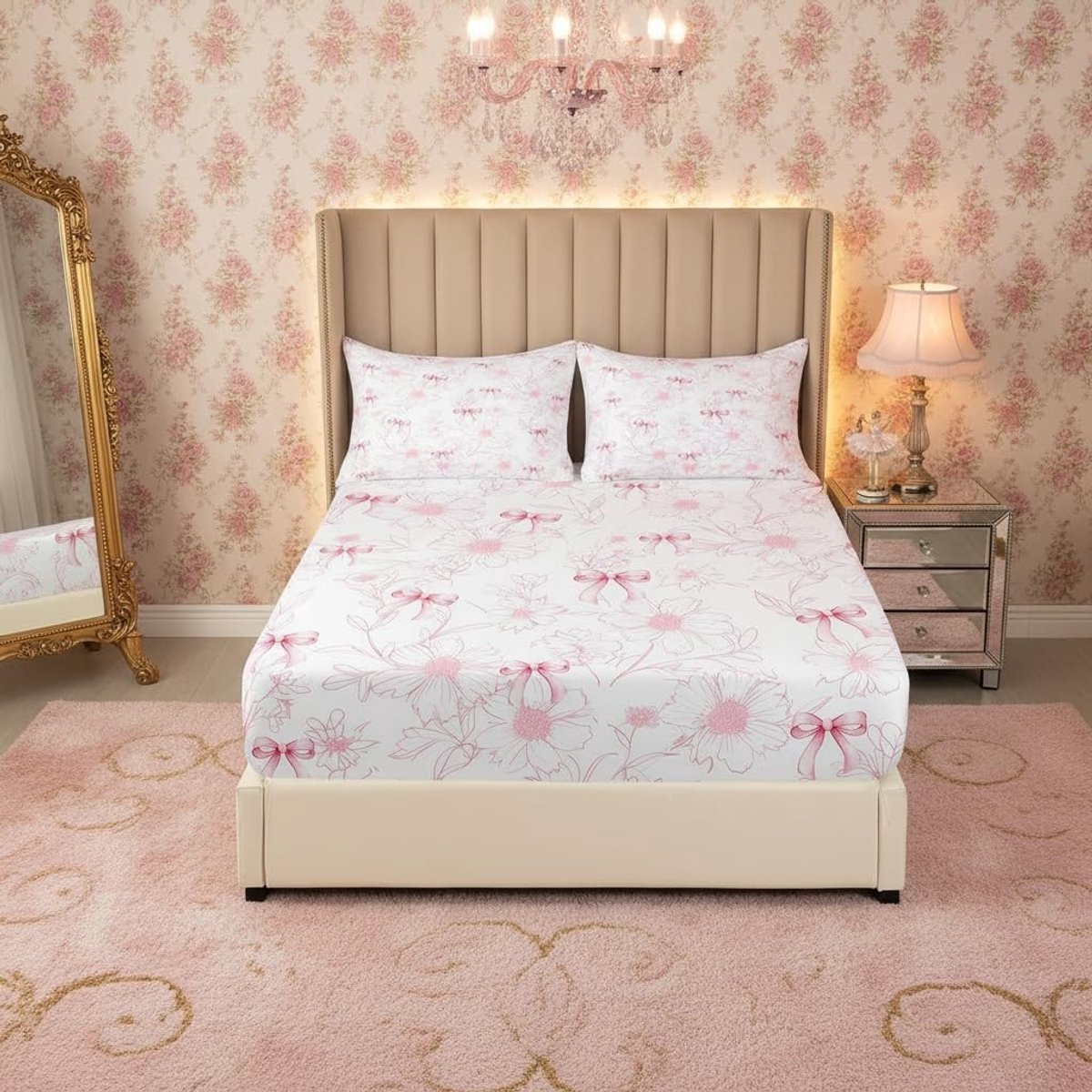 Omgoods - Roze Hoeslaken met Madeliefjes Patroon - 90x200cm
