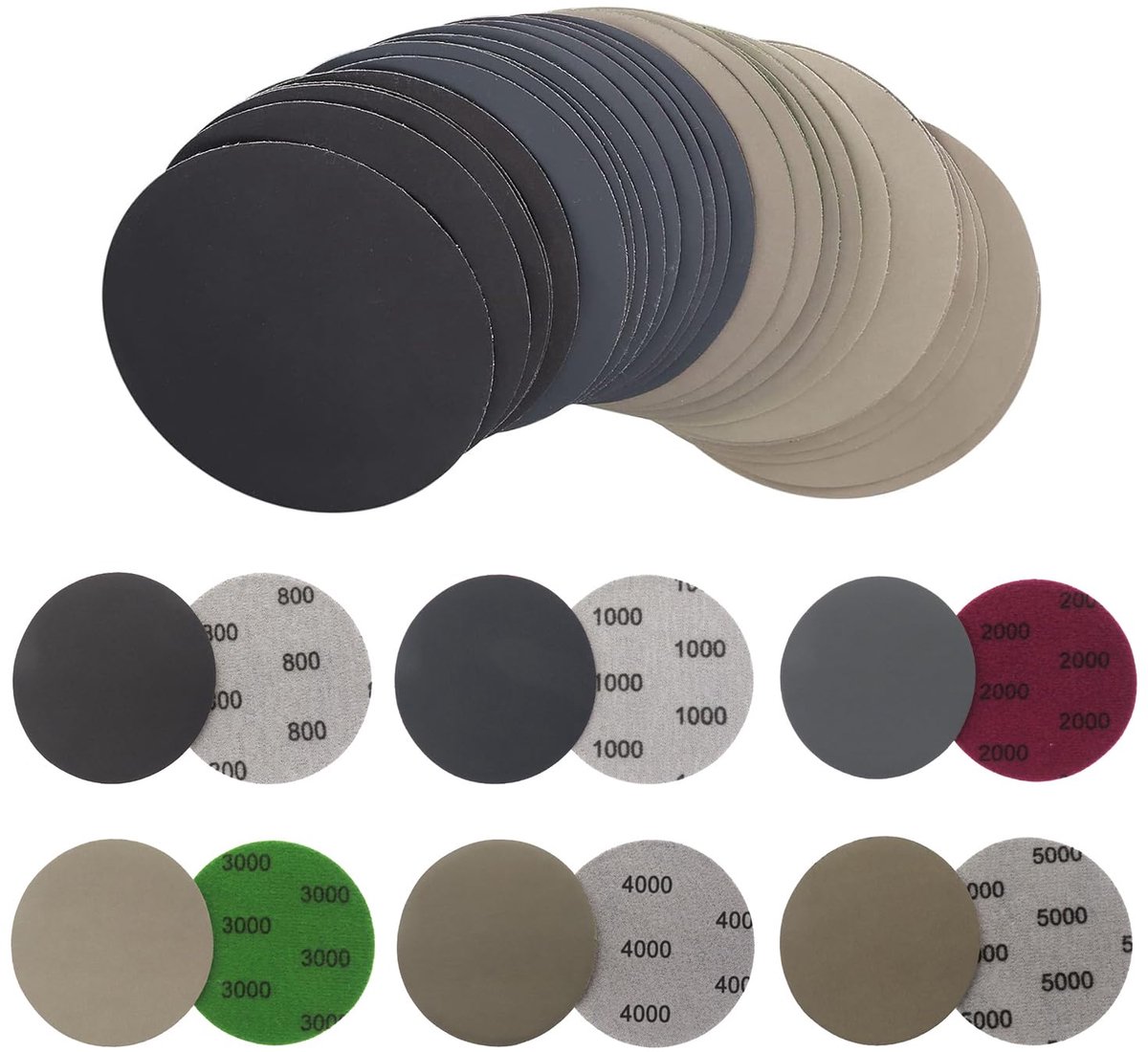 Schuurpapier, 60 stuks, 75 mm ronde schuurschijven, pads voor natte en droge excentrische schuurmachines, schuurpapier voor metaal hout - korrel 800/1000/2000/3000/4000/5000