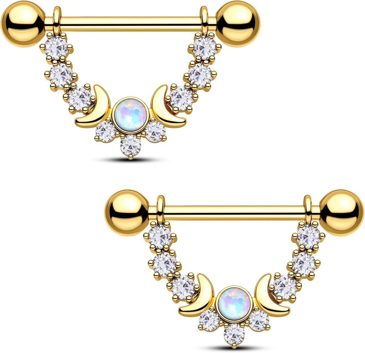 Crareesi Mania Maanfase tepelstaafjes, goud, zilver, tepelpiercing, sieraden, roestvrij staal, 14G tepelringen voor dames en heren