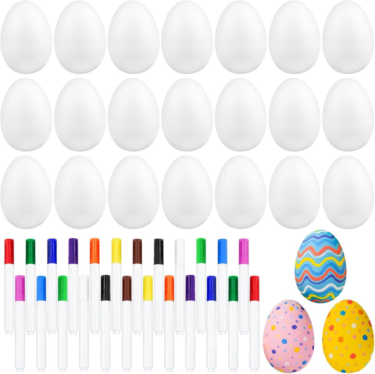 24 stuks witte plastic eierschudders muziekinstrumenten, paasei gunsten ei maracas shakers voor kinderen, doe-het-zelf set met 24 stuks veelkleurige pennen