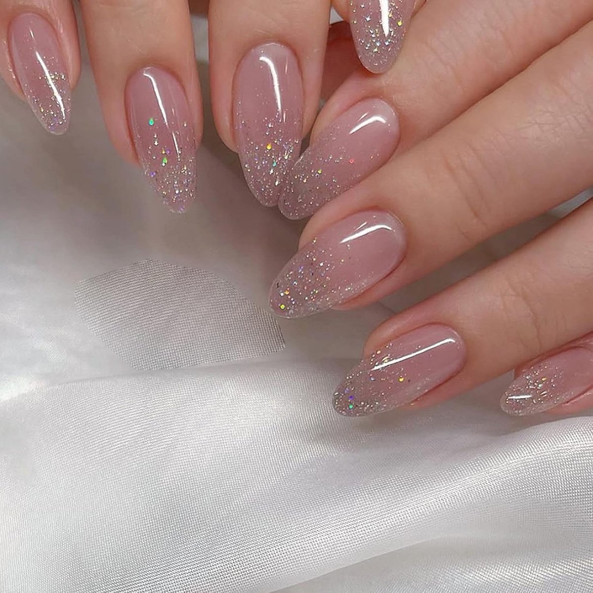 24 stuks korte kunstnagels, amandel, roze, glanzend, acryl, press-on nagels, met design, ballerina, herbruikbaar, Franse kunstnagels, om op te plakken, voor vrouwen en meisjes