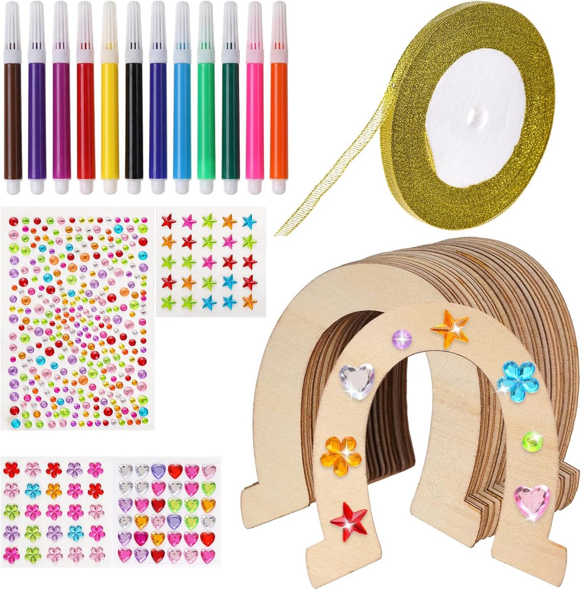Houten set hoefijzers knutselen om te beschilderen houten schijven hoefijzervorm met aquarelpen, stickers, glitterlint voor DIY-decoratie