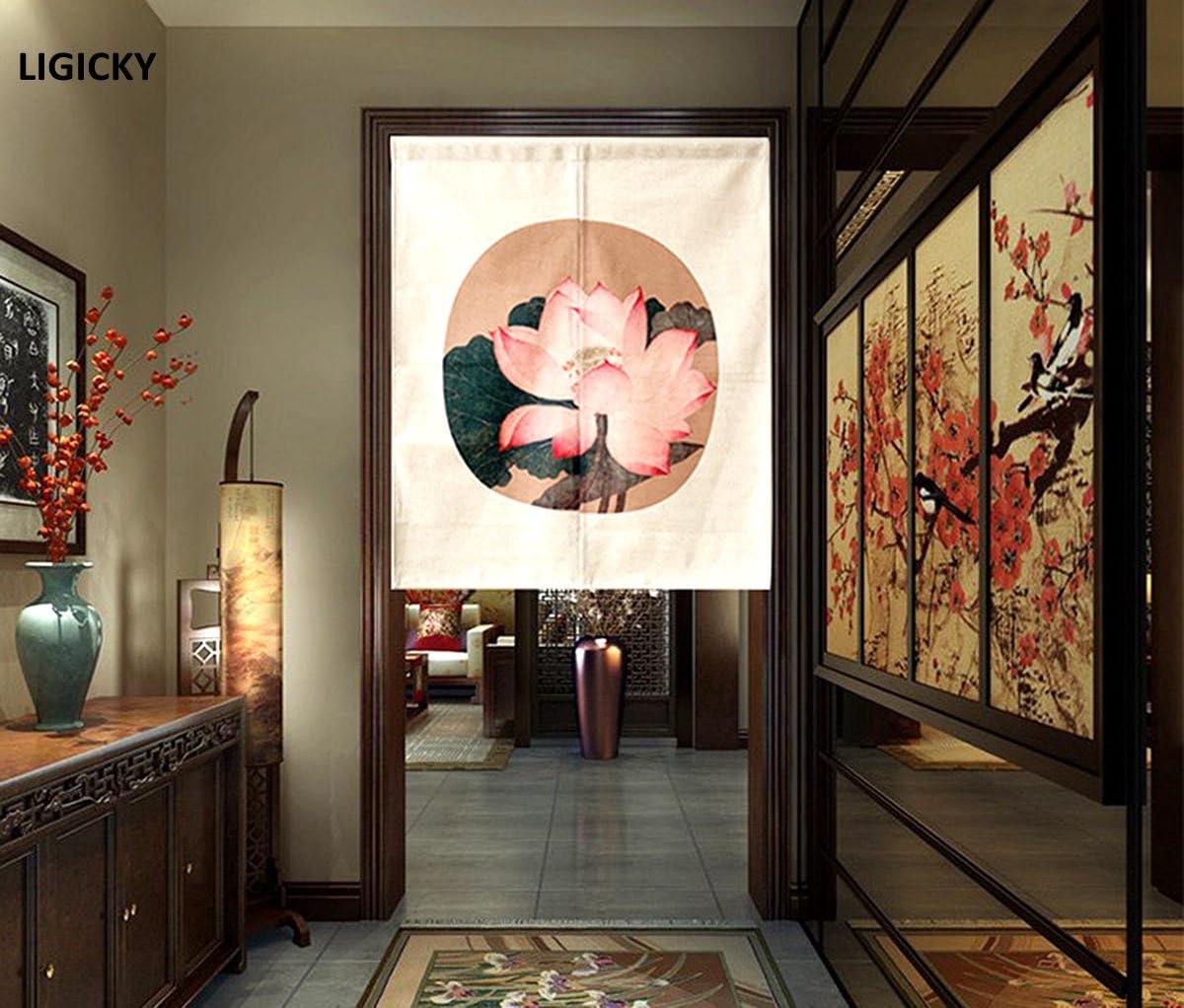 Japanse stijl Noren deuropening gordijn kort katoen linnen tapijt voor woondecoratie 85 x 90 cm (vintage lotusbloem)