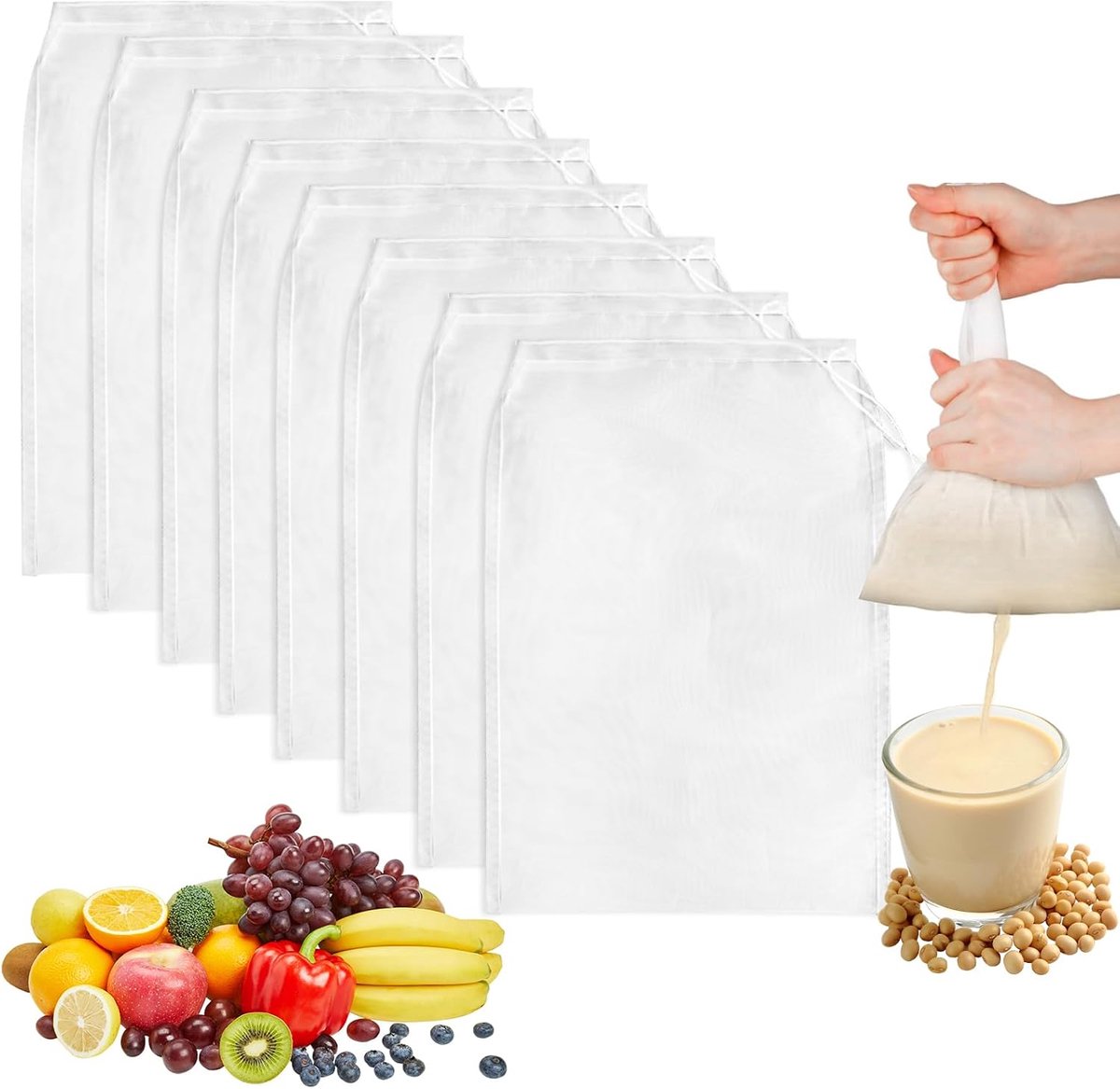 8 stuks notenmelkzakken, nylon stoffen filterzak met trekkoord, herbruikbaar en wasbaar, zeef voor amandelmelk, sap, kaasproductie, koffie (20 × 30 cm)