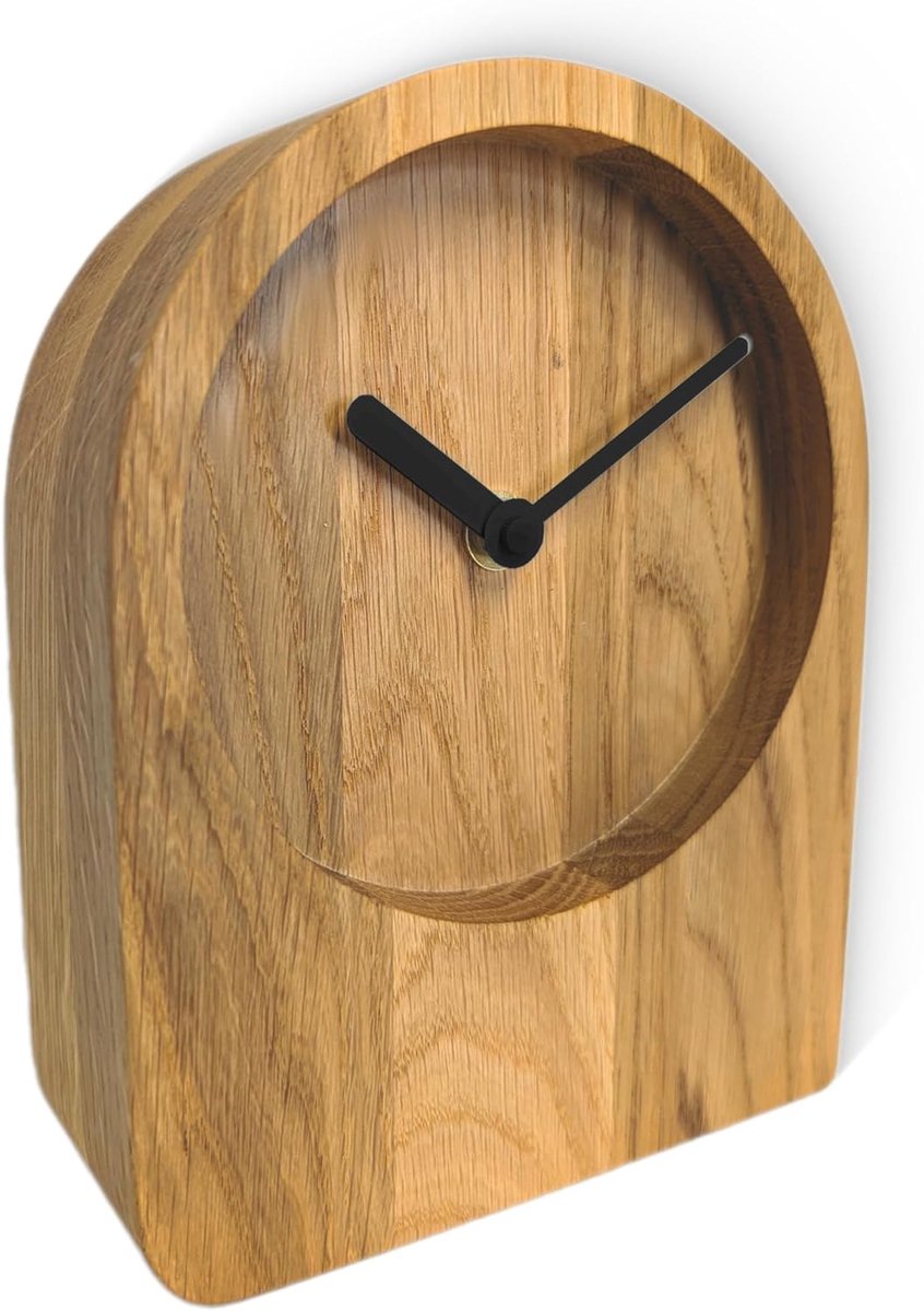 Tafelklok Eiken Houten Klok - Puristisch Modern Massief Hout (Geolied Eiken, Zwarte Wijzers - Quartz Uurwerk)