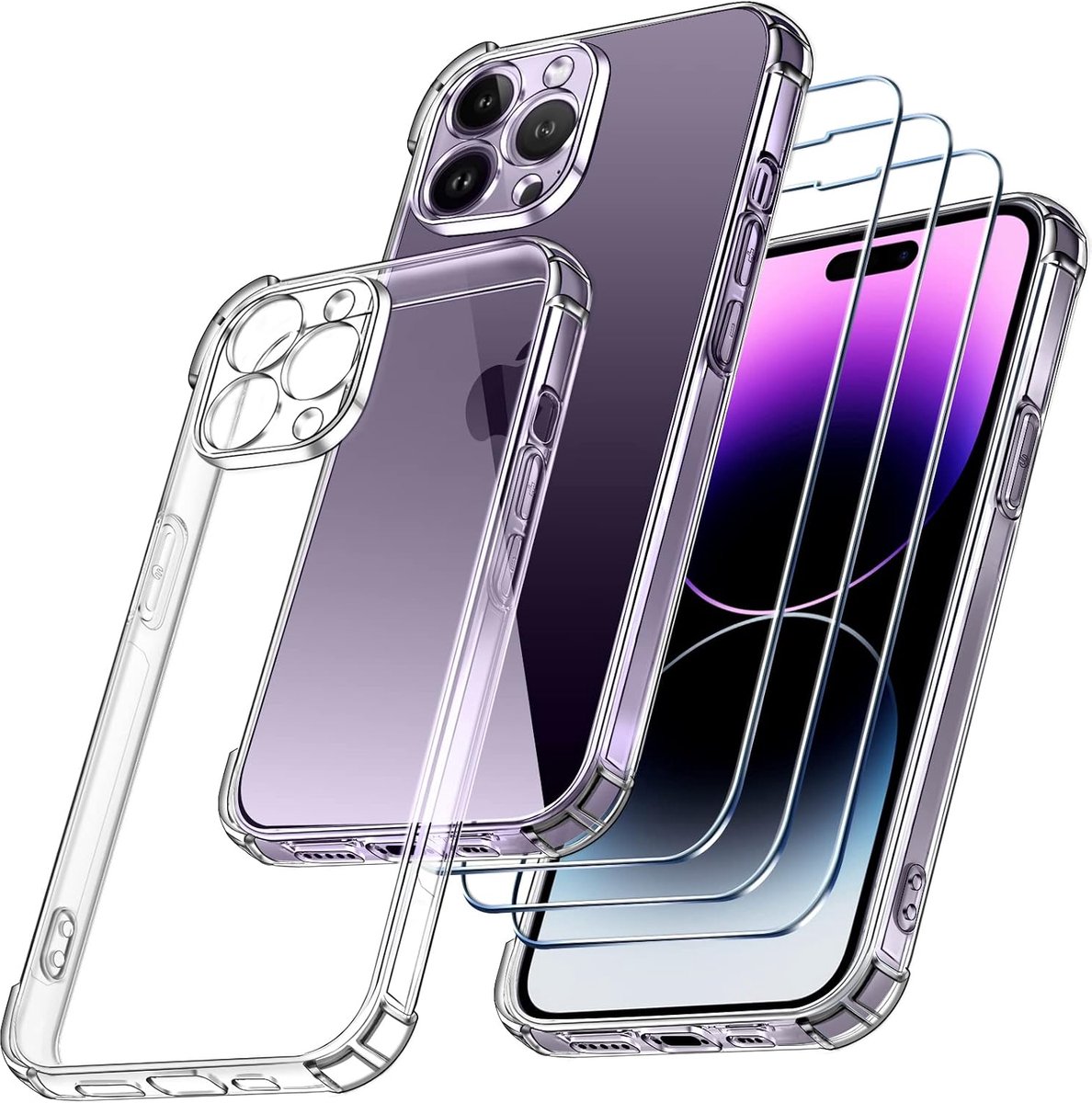 iVoler Hoesje voor iPhone 14 Pro Max 6.7 inches, 3 Pack Gehard Glas Screen Protector Schermbeschermer, TPU Transparant Anti-kras Beschermhoes Case Cover met Versterkte Hoekbumpers