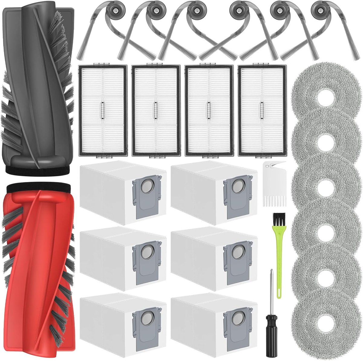 Reserveonderdelen voor Roborock Saros 10R/20/Qrevo CurvX/Curv 2 Pro/2ProX | Accessoireset voor 2 hoofdborstels, 6 zijborstels, 6 stofzakken, 6 dweilpads, 4 HEPA-filters