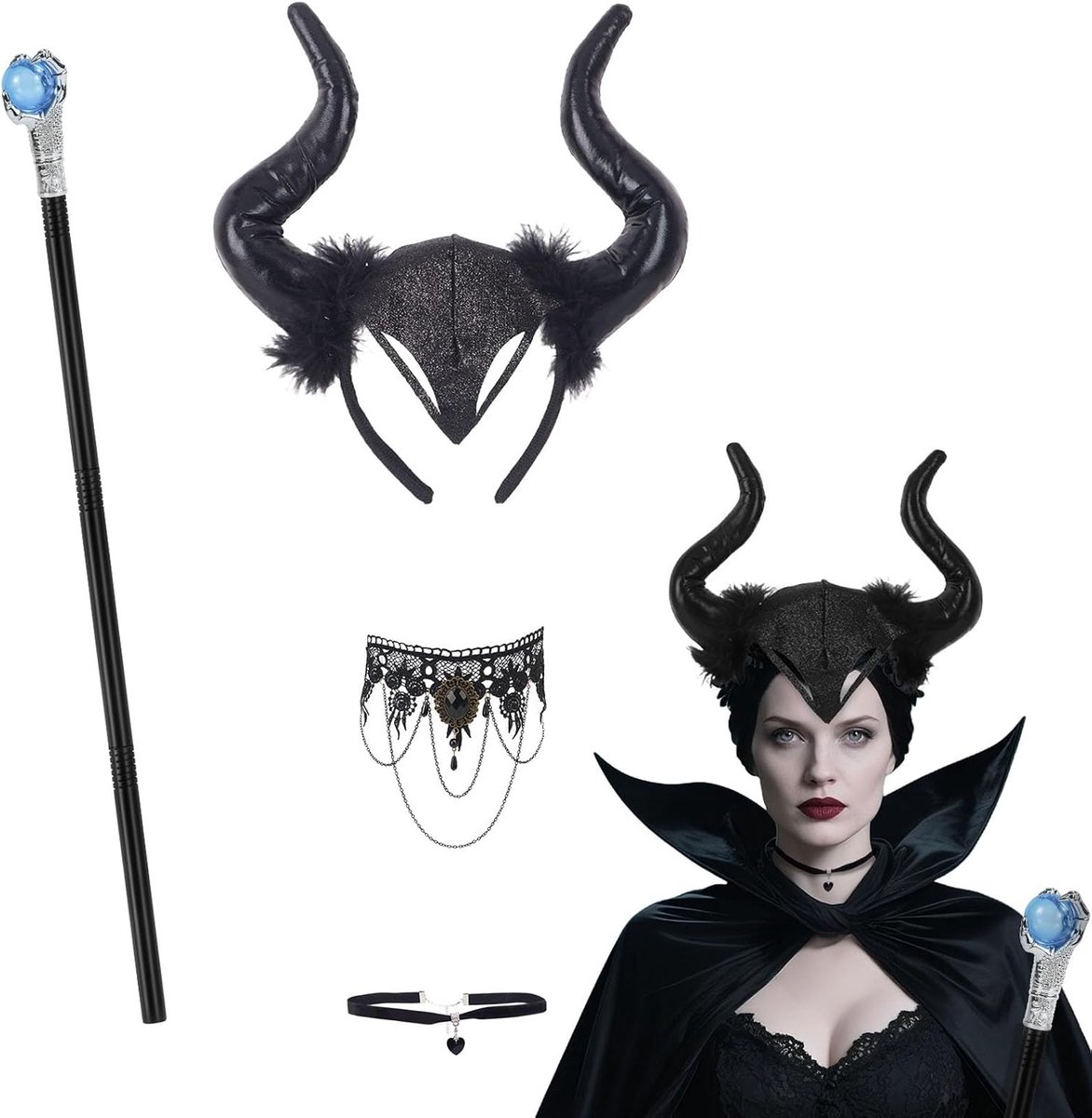 4-delige koningin hoorns hoofddeksel - Halloween hoorns hoofddeksel met toverstokken & gothic kanten ketting zwart set, duivelshoorns haarband boze koningin duivel Maleficent kostuum accessoires dame