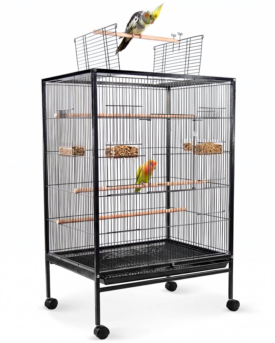 Vogelkooi Groot Formaat - Verplaatsbare Vogelkooi met Wielen en Remmen - Met Openklapbare Bovenkant, Verwijderbare Lade en 8 Deuren - Inclusief Voerbakjes, Drinkbakjes en Zitstokken - Voor Nymfen en Kleine Vogels