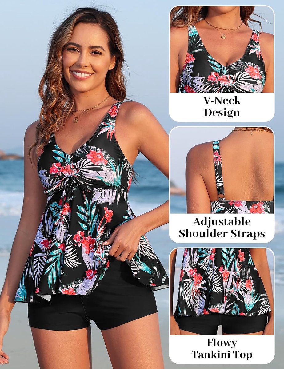 Tweedelig damesbadpak, sexy tankini-set, V-hals, trekkoord, push-up, bloemenprint, met shorts