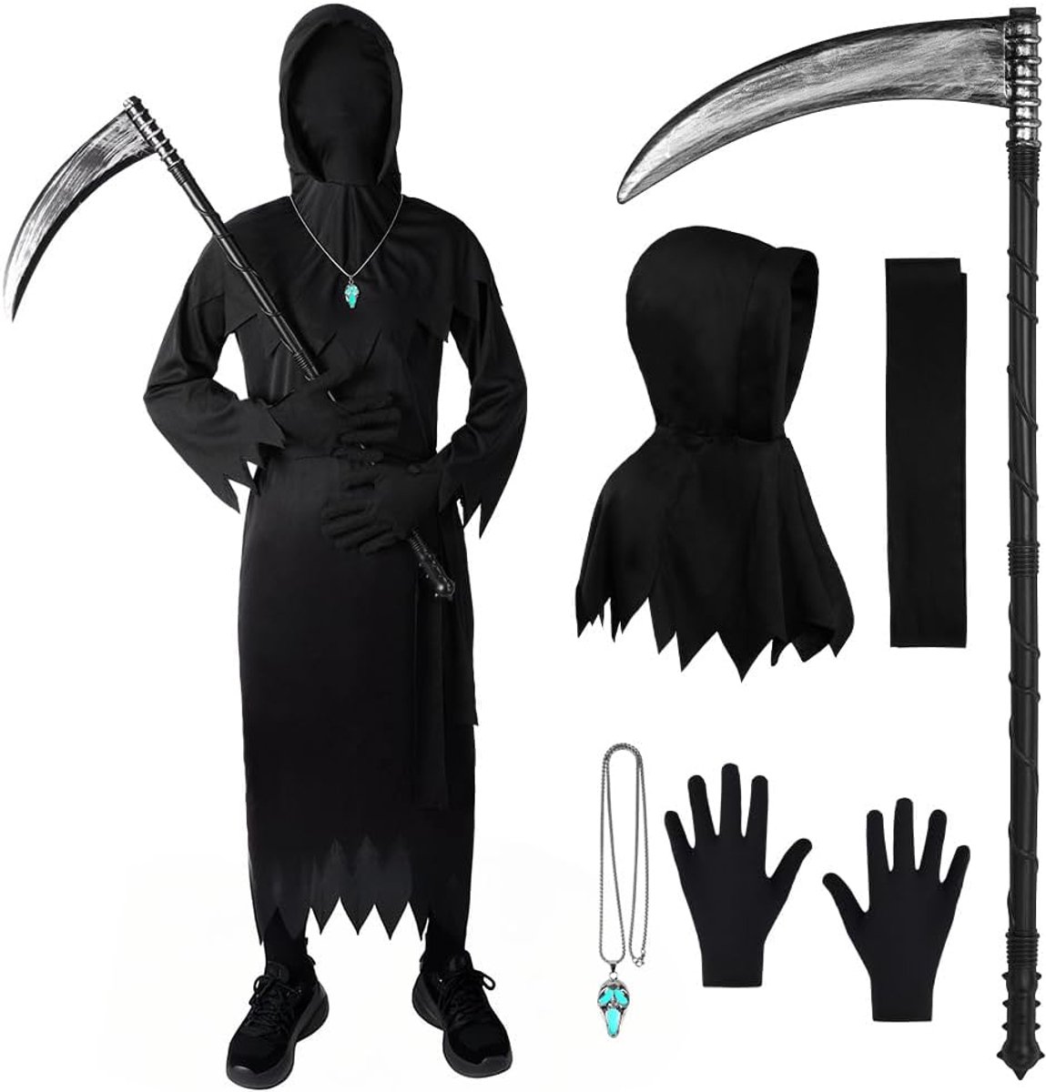 Hein kostuum voor kinderen, Halloween-kostuum met cape / handschoenen / riem / nep van de dood / lichtgevende schedelketting / capuchon, Scream-kostuum, spookkostuum, Ghostface-kostuum