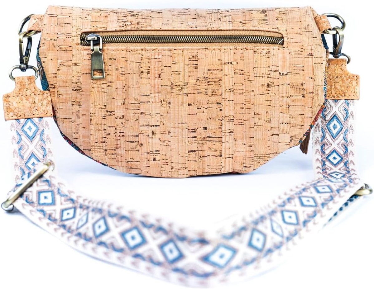 Sling Bag van kurk, halve maanvormige borsttas, veganistische heuptas met afneembare schouderriem met kleurrijk patroon, brede katoenen schouderriem, veganistisch leer, portemonnee,