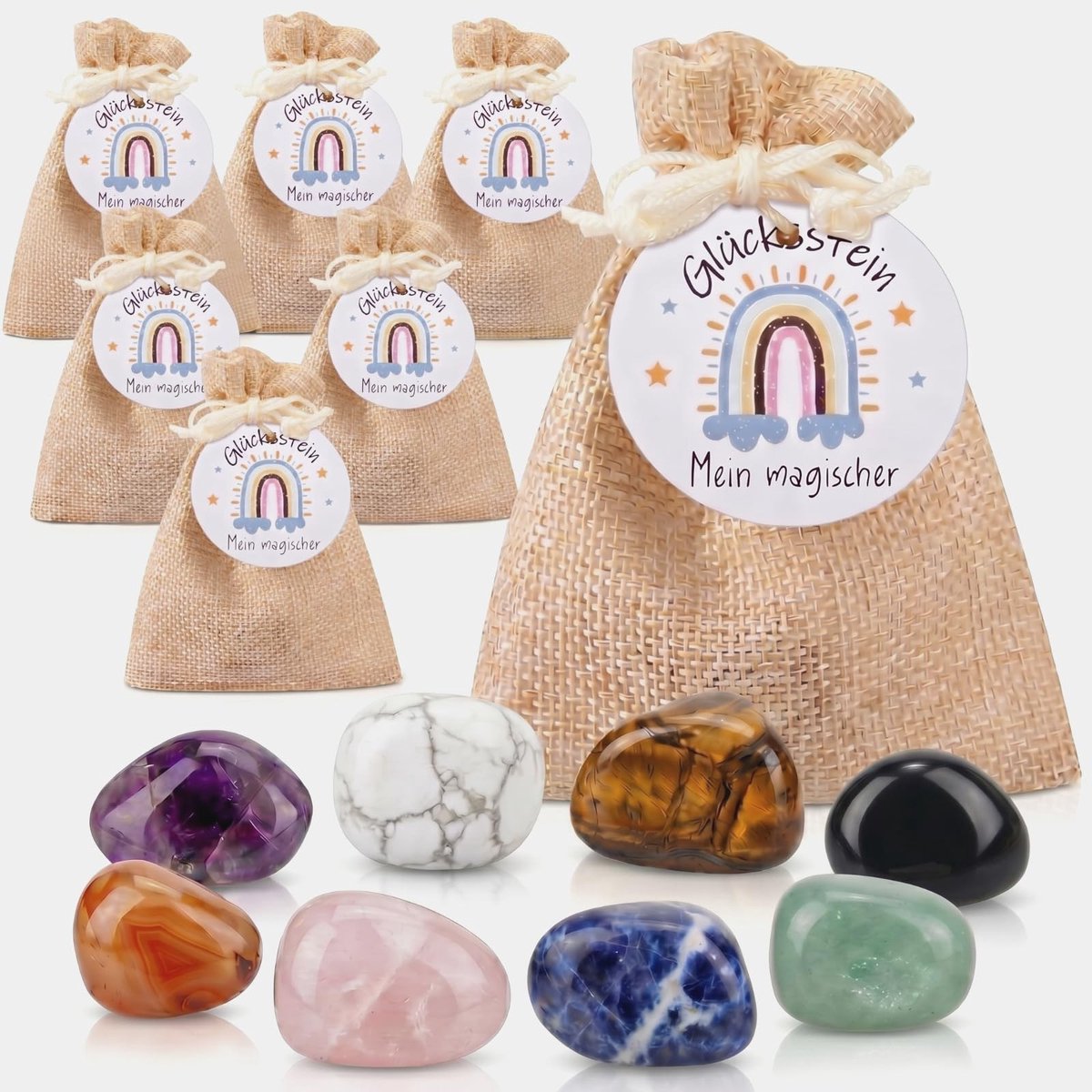 Omgoods- Geluksstenen Set van 12 - Jute Zakjes - Ronde Papieren Etiketten - Kleurrijke Geluksstenen - Magische Cadeaus - Gastgeschenken voor Verjaardag