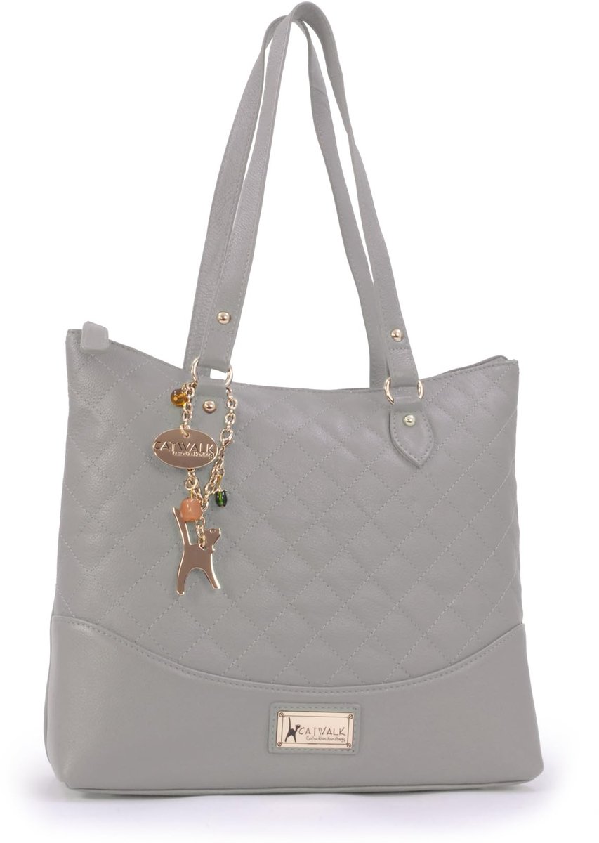 Omgoods - Dames Handtas - Gequilt Leren Tote/Schoudertas in Grijs-Goud
